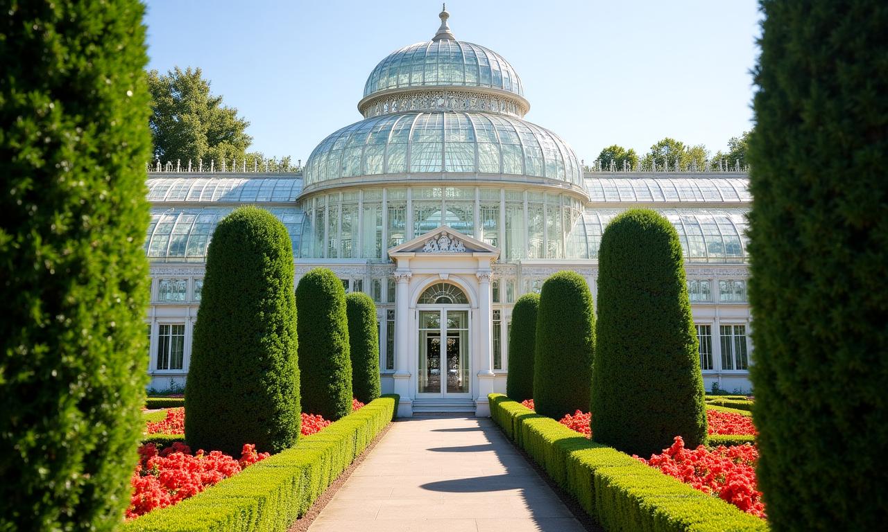 Wiktoriańska oranżeria otoczona precyzyjnymi rabatami