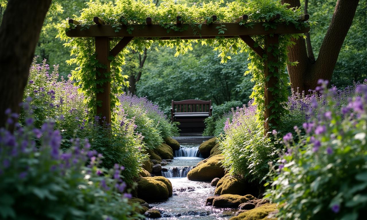 Bujna altana w stylu romantycznym z ukrytym strumykiem