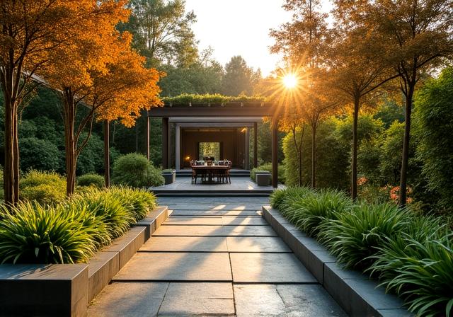 Widok na nowoczesny ogród z elementami klasycznej architektury